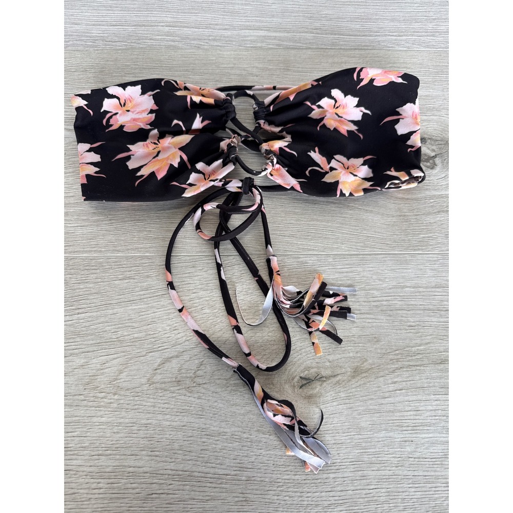 Acacia Lumahi Bikini Top Bandeau Black Vintage Aloha Floral Snakeskin Small